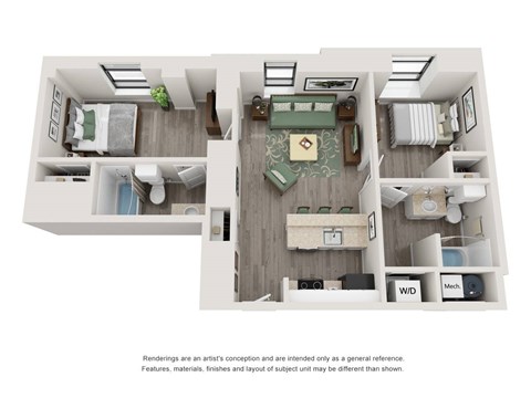 Floor plan for 2 beds, 2 baths, 964 sqft